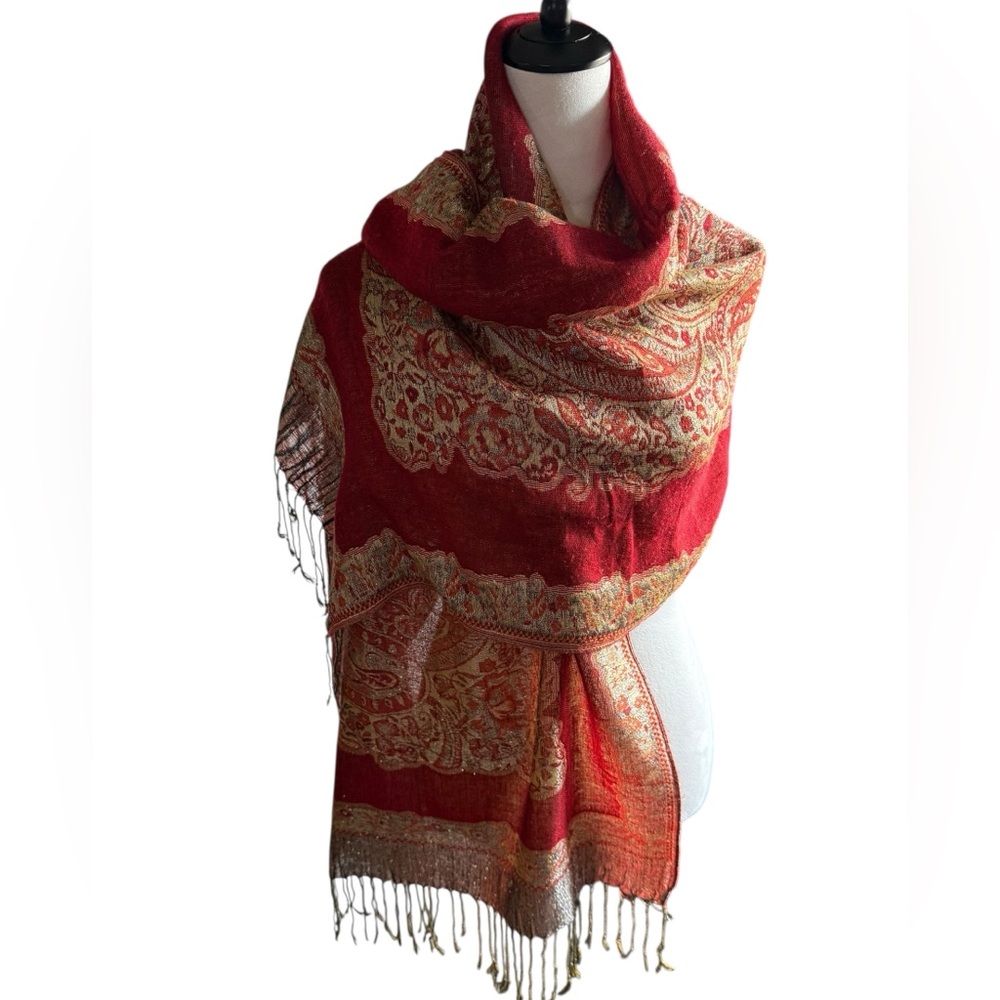 Elegant Red and Gold Paisley Scarf
